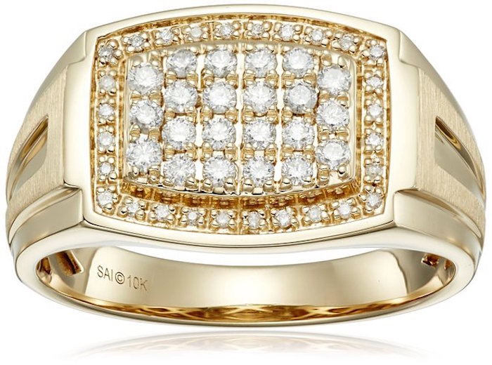 Men's 10k Yellow Gold Diamond Gents Ring (1/2cttw, I-J Color, I2-I3 Clarity), Size 10.5